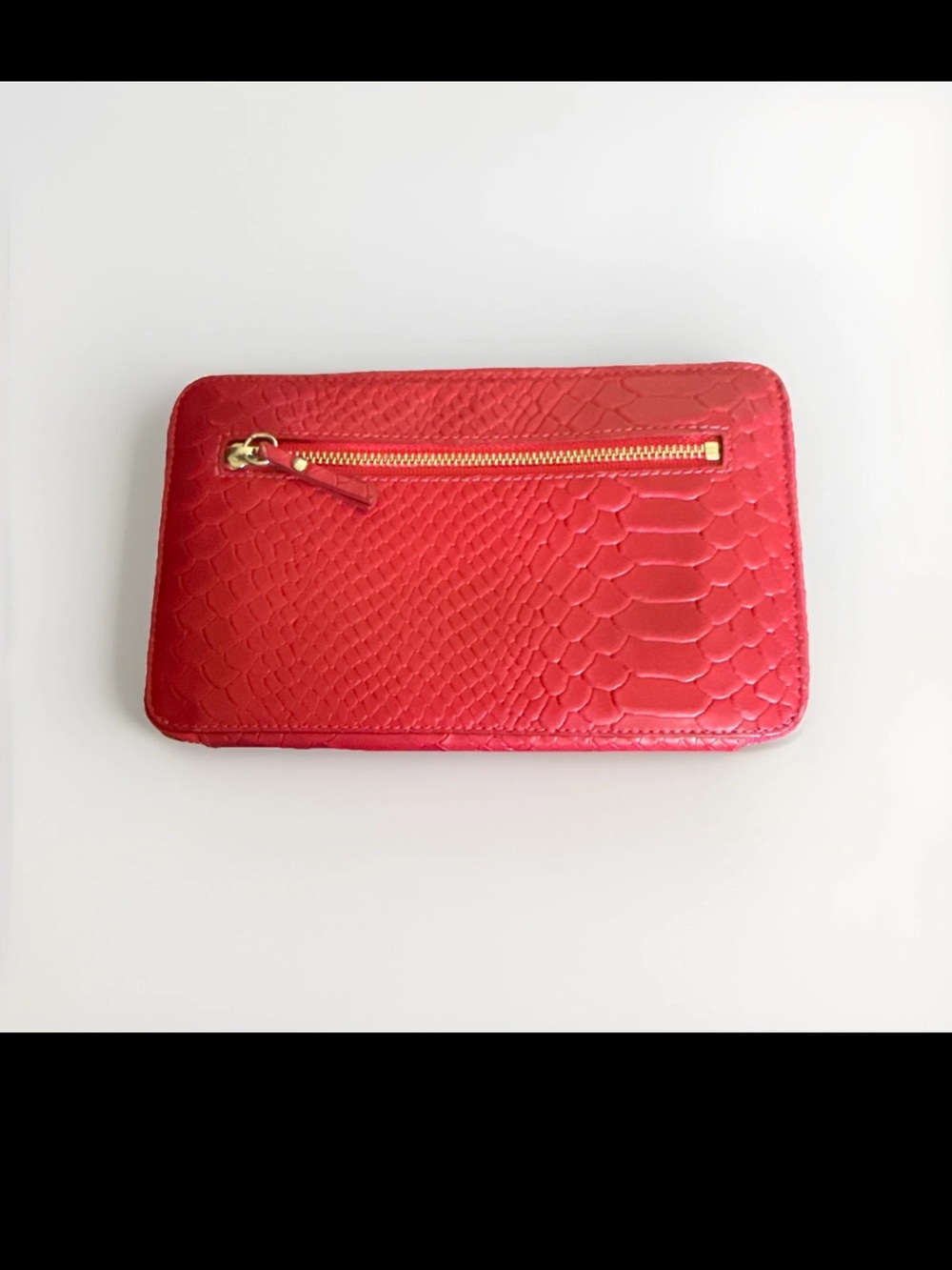 MZ Wallace Red Snakeskin Embossed Zip Around Long Wallet Reptile Print Leather
